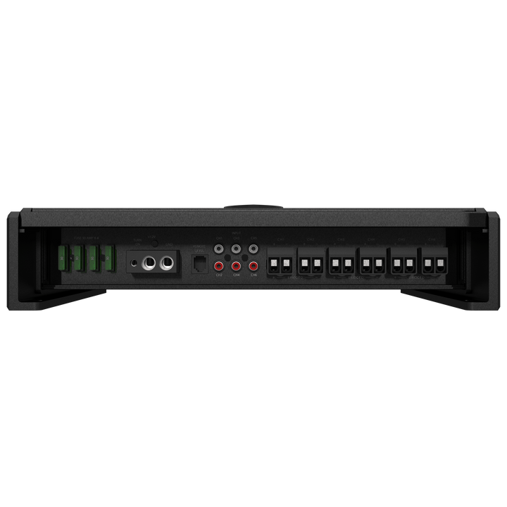 Marine-grade Sinister-SDX6 Wet Sounds 6-channel amplifier with multiple input/output ports, fuse, and control knobs for boat audio.