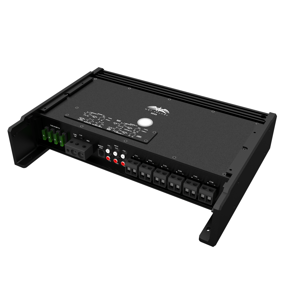 Marine-grade Sinister-SDX6 Wet Sounds 6-channel amplifier with multiple input/output ports, level controls, and fuse protection.