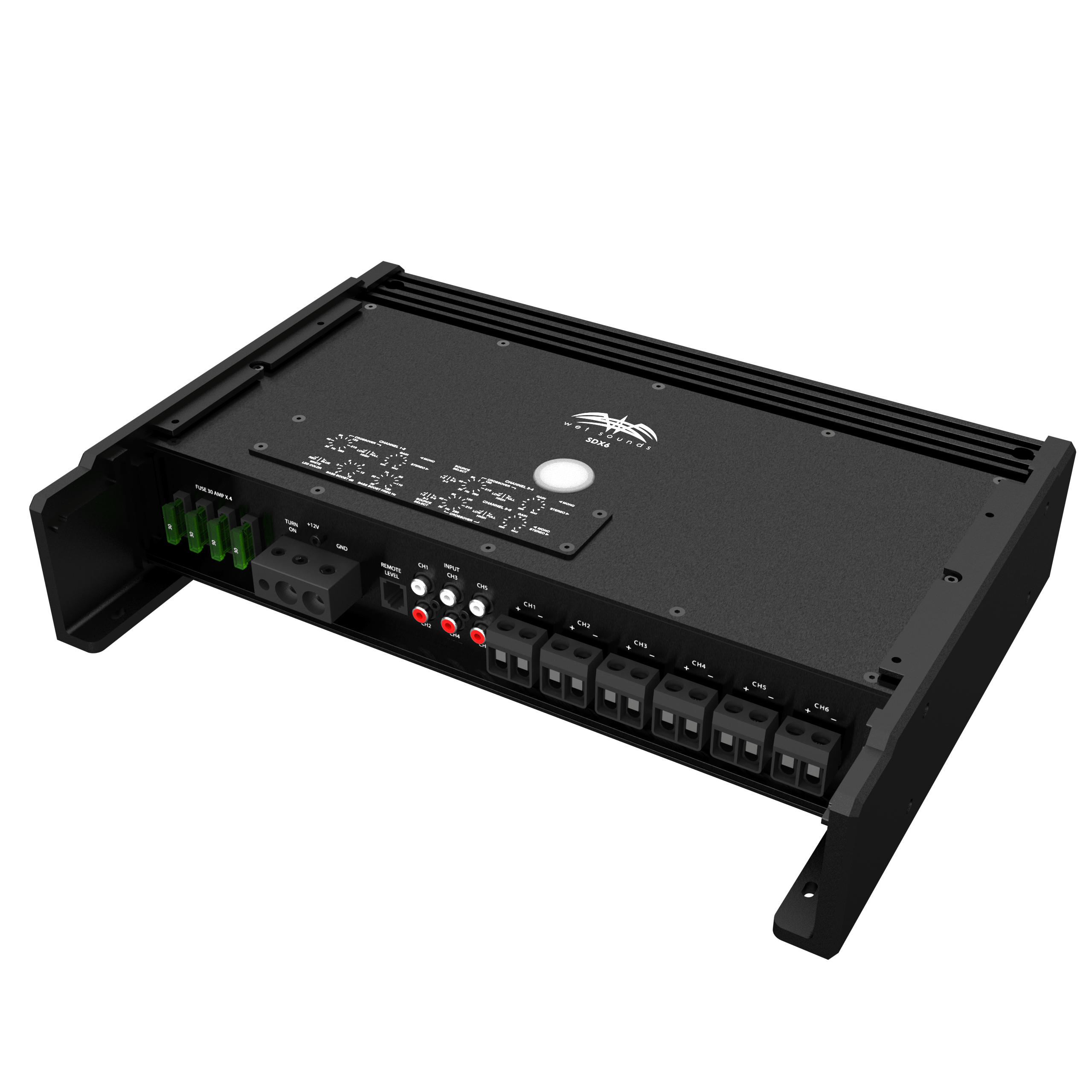 Marine-grade Sinister-SDX6 Wet Sounds 6-channel amplifier with multiple input/output ports, level controls, and fuse protection.