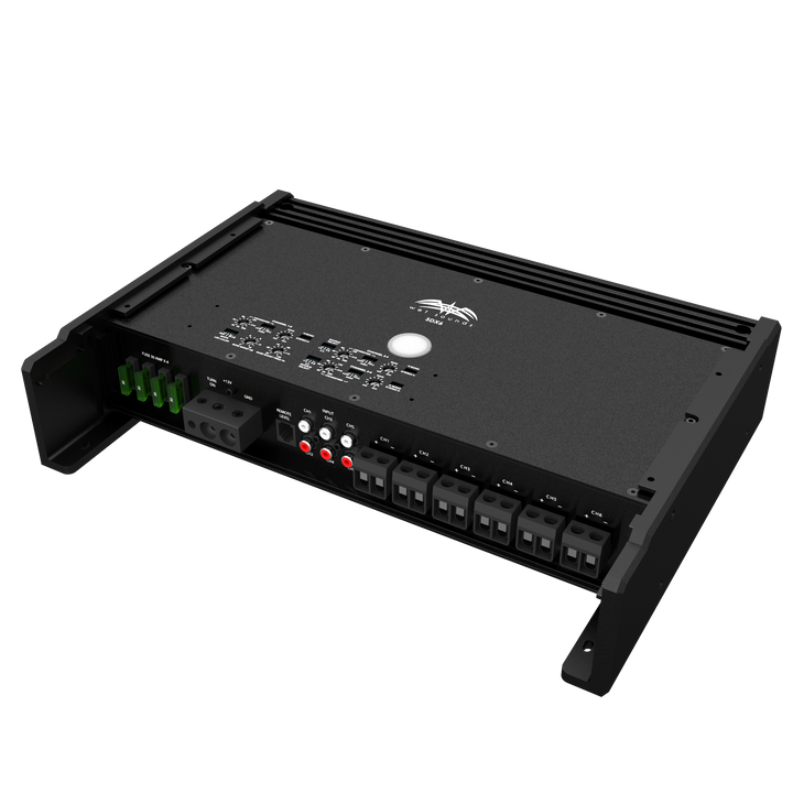 Marine-grade Sinister-SDX6 Wet Sounds 6-channel amplifier with multiple input/output ports, power controls, and cooling fins.