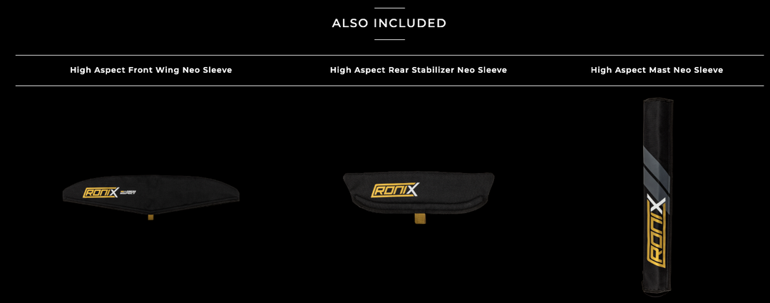 High Aspect Velo with Blackbird, 29-inch wakeboard with protective sleeves for front wing, rear stabilizer, and mast.