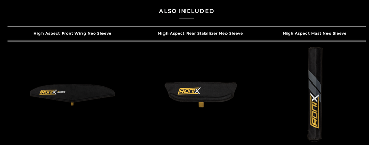 High Aspect Velo with Blackbird, 29-inch wakeboard with protective sleeves for front wing, rear stabilizer, and mast.