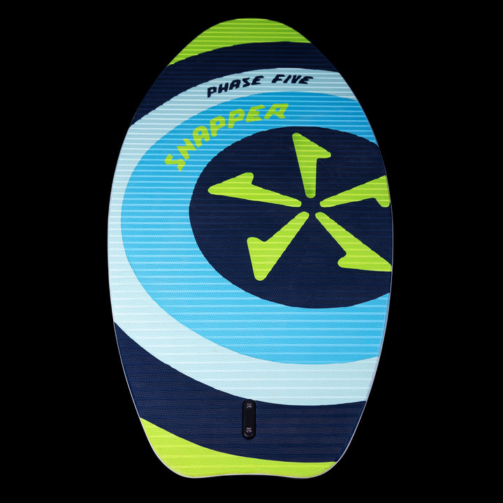 2025 Snapper Skim Board with blue, green, and black design, featuring the "Phase Five" and "Snapper" logos on a black background.