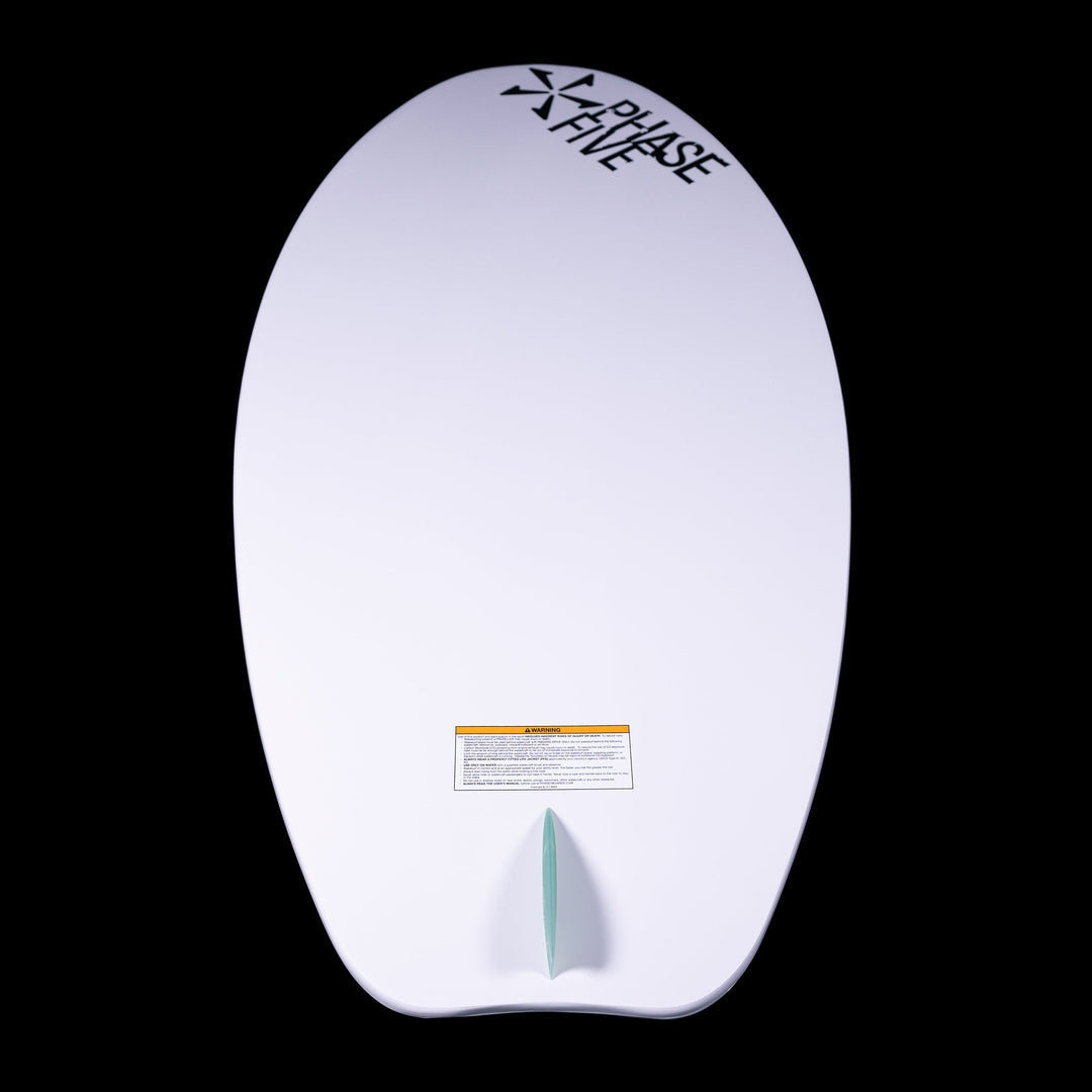 White 2025 Phase 5 Snapper Skim Board with black logo, fin, and warning label, displayed against a black background.