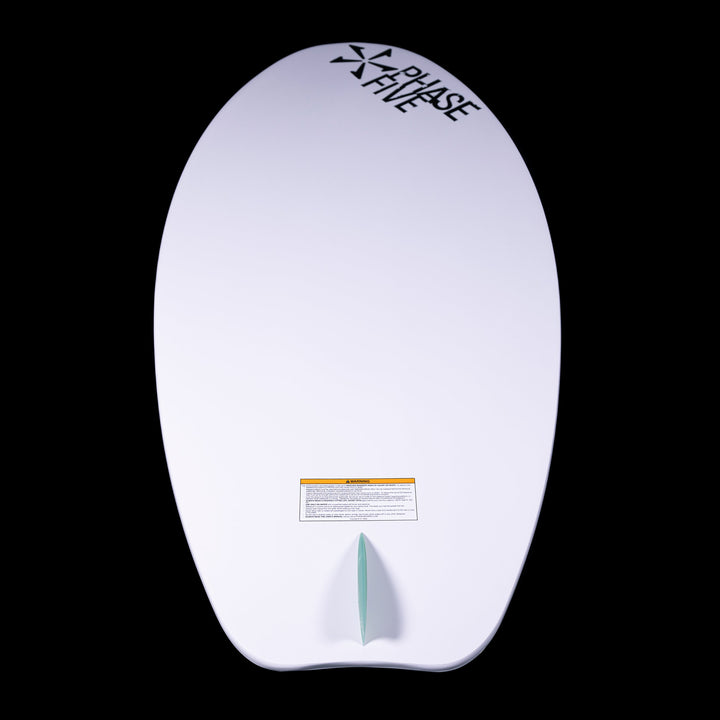 White 2025 Phase 5 Snapper Skim Board with black logo, fin, and warning label, displayed against a black background.