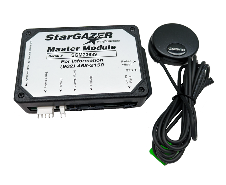 Perfect Pass Stargazer Wake S Upgrade Kit with master module, Garmin sensor, and gauges in Malibu Black, Orange, and Chrome.