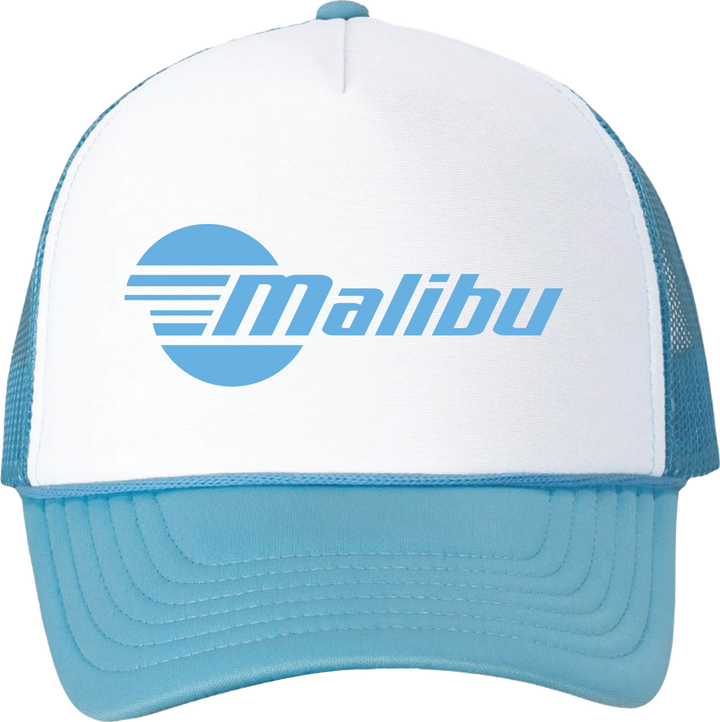 A blue and white trucker hat with a mesh back, featuring a circular Malibu logo and text on the front panel.