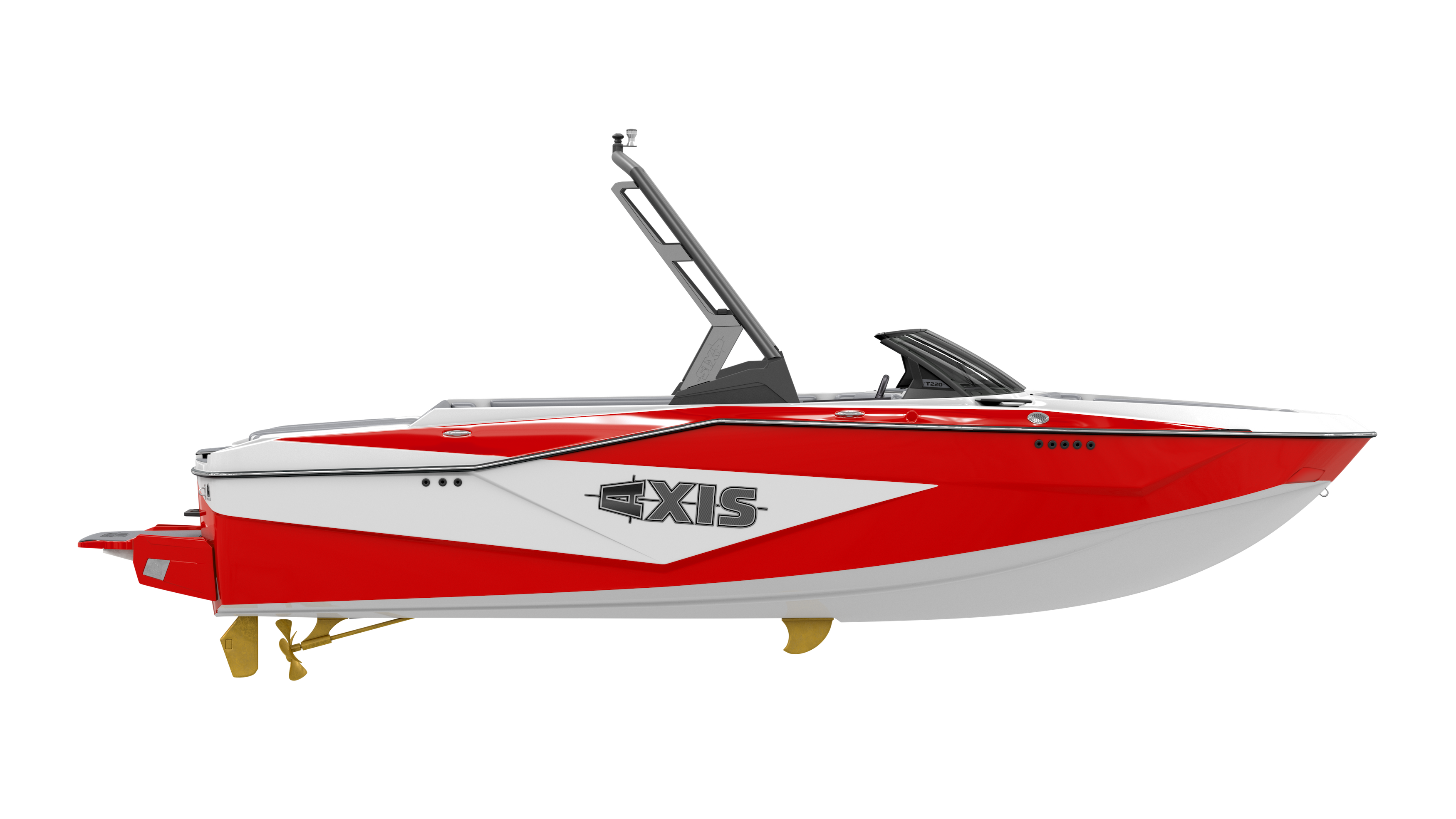 Axis AW20 Black Tower boat in vibrant red and white, showcasing sleek design and modern features for water sports.