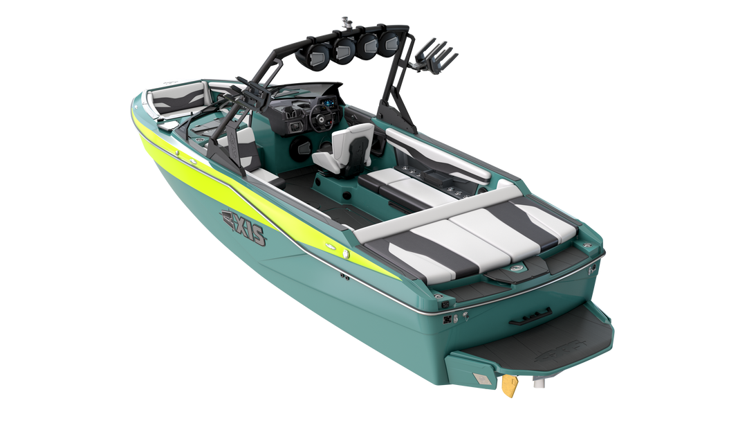 Axis AW20 Tower in black with a sleek design, featuring spacious seating and modern wakeboard racks for optimal performance.