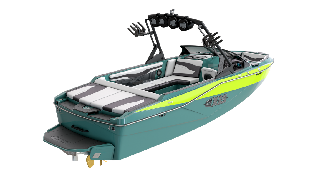 Axis AW20 Tower in black, showcasing a sleek design with spacious seating and modern wakeboard tower for optimal performance.