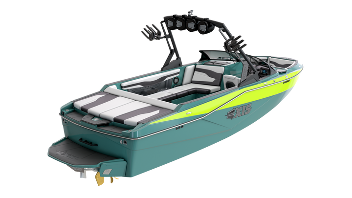 Axis AW20 Tower in black, showcasing a sleek design with spacious seating and modern wakeboard tower for optimal performance.