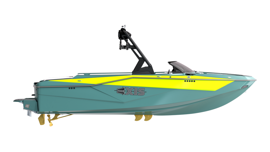 Axis AW20 Tower in black with a vibrant yellow accent, showcasing a sleek design ideal for boating enthusiasts.