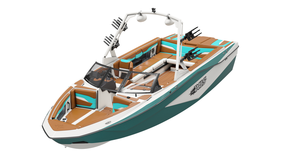 Axis AW20 Tower in white features a sleek design with turquoise accents and spacious seating for an enjoyable boating experience.