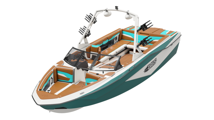 Axis AW20 Tower in white features a sleek design with turquoise accents and spacious seating for an enjoyable boating experience.