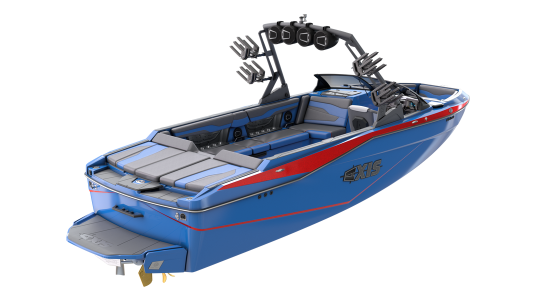 2024 AXIS REV10 speaker mounted on a blue and red wakeboard boat, showcasing sleek design and spacious seating.