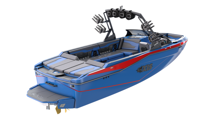 2024 AXIS REV10 speaker mounted on a blue and red wakeboard boat, showcasing sleek design and spacious seating.
