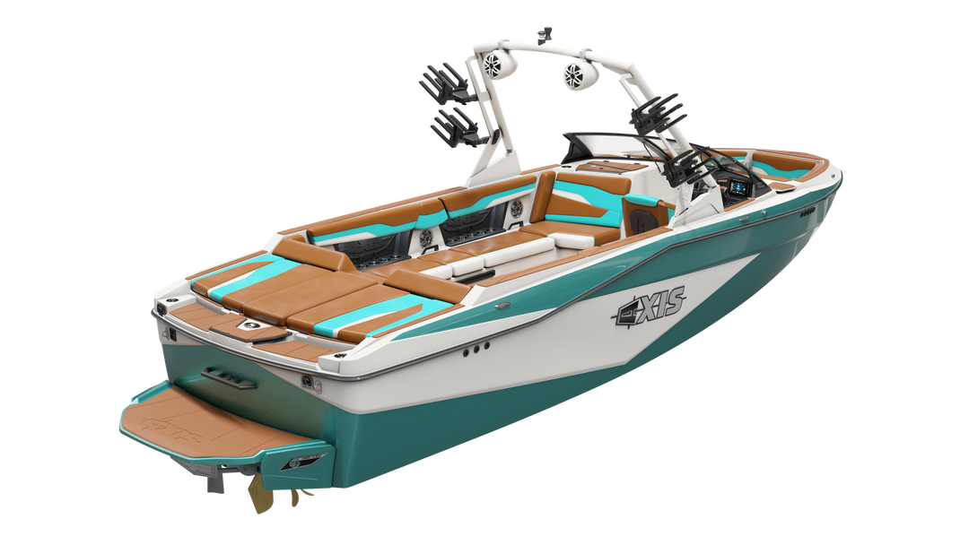 Axis AW20 Tower in white with a stylish interior, featuring seating and storage for an exceptional boating experience.