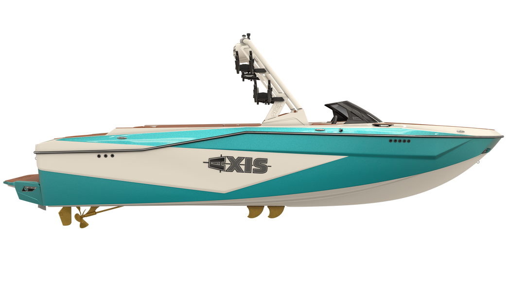 Axis AW20 Tower in white with turquoise accents, showcasing sleek design and modern features for boating enthusiasts.