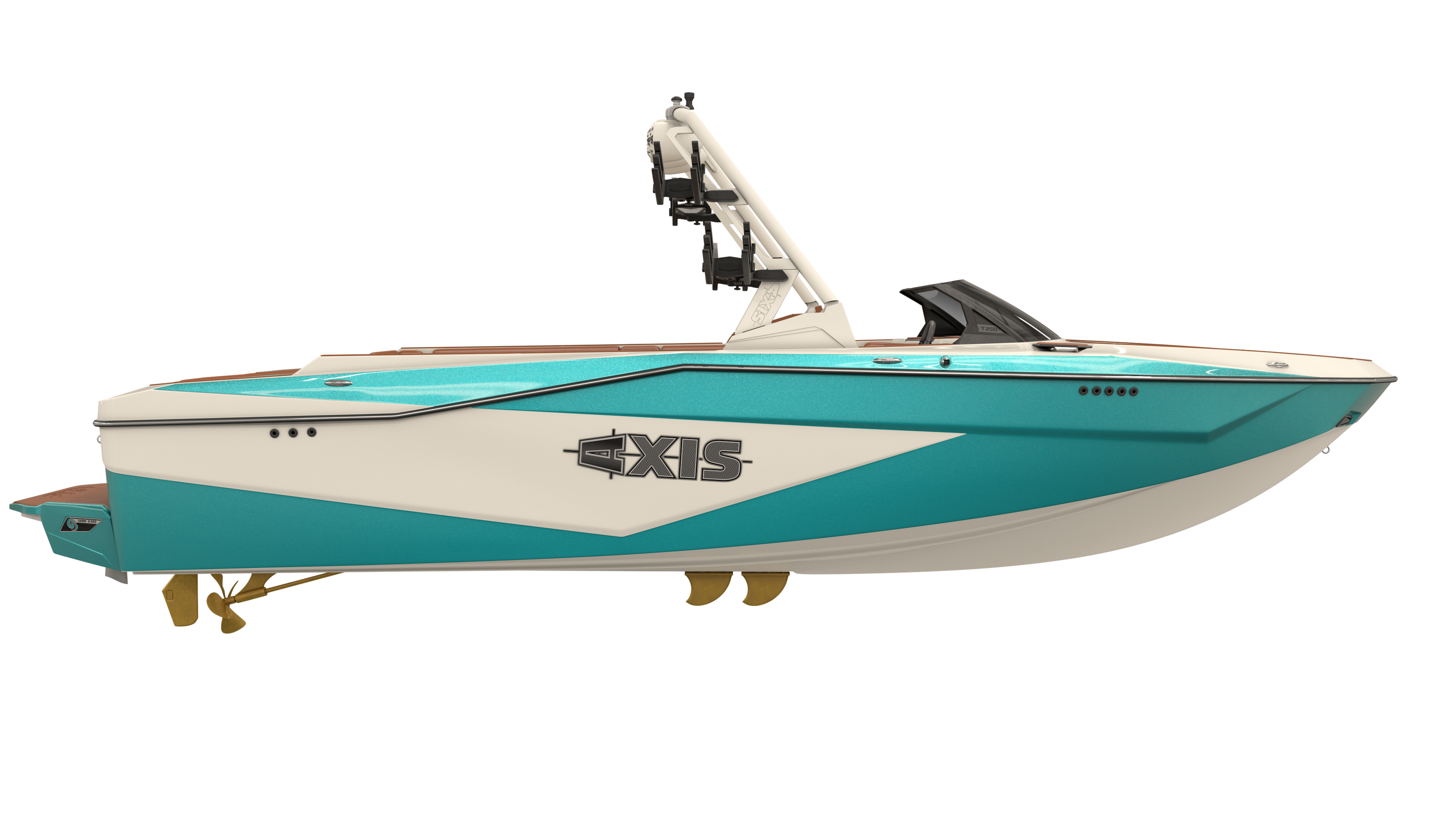 Axis AW20 Tower in white with turquoise accents, showcasing sleek design and modern features for boating enthusiasts.