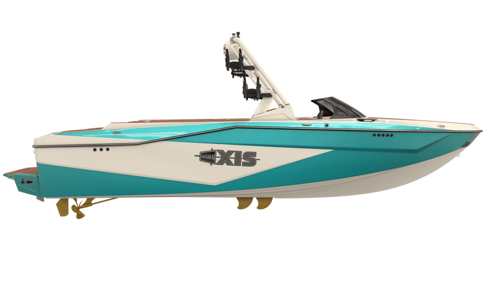 Axis AW20 Tower in white with turquoise accents, showcasing sleek design and modern features for boating enthusiasts.