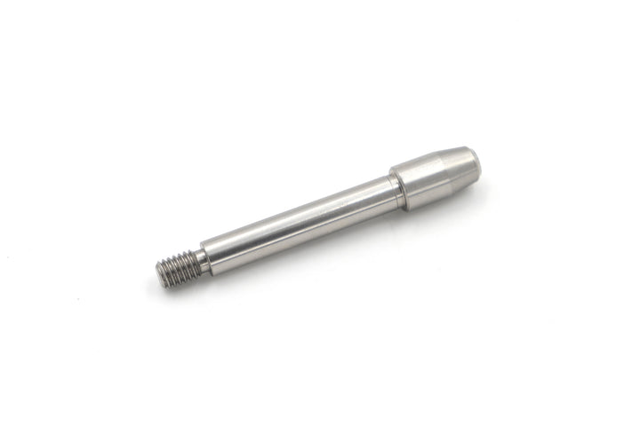 Stainless steel spinning rack pull-pin with wear button, featuring a threaded end for secure attachment.