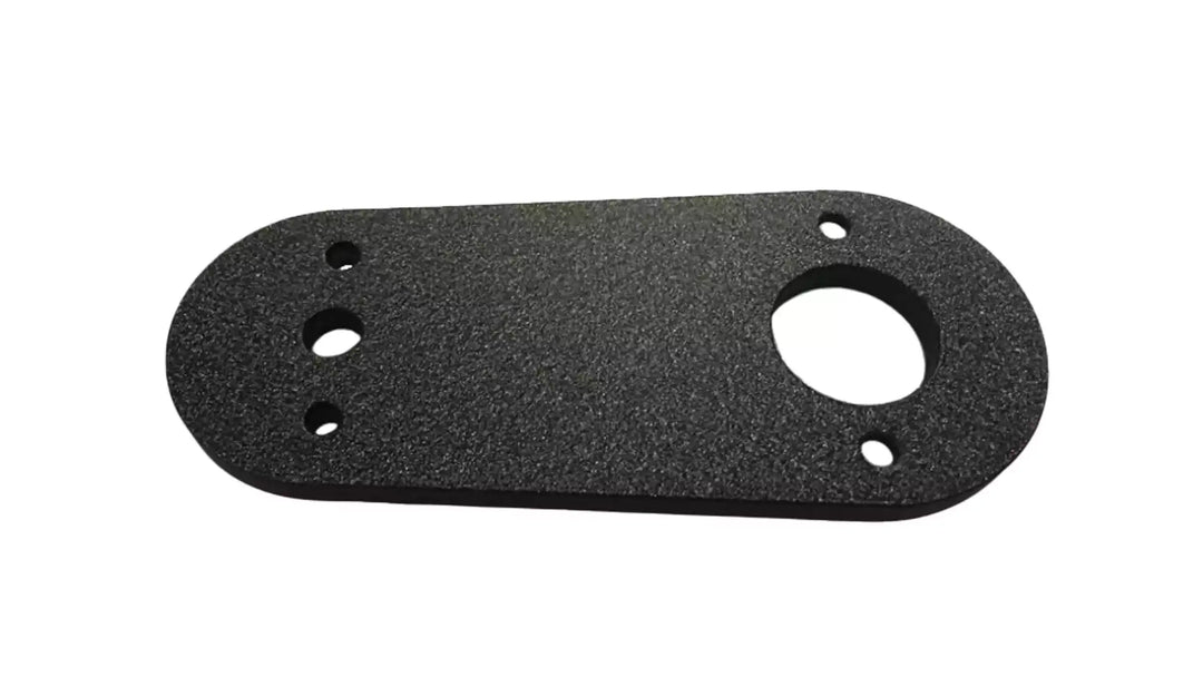 Black mounting plate for Axis tower light, featuring a textured finish and multiple holes for secure installation.