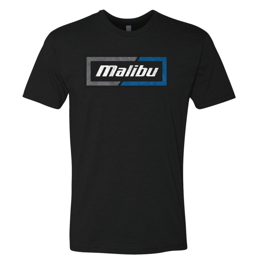 Black Malibu Topo Tee with a bold, rectangular logo featuring "Malibu" in white, set against a textured background with blue and gray accents.