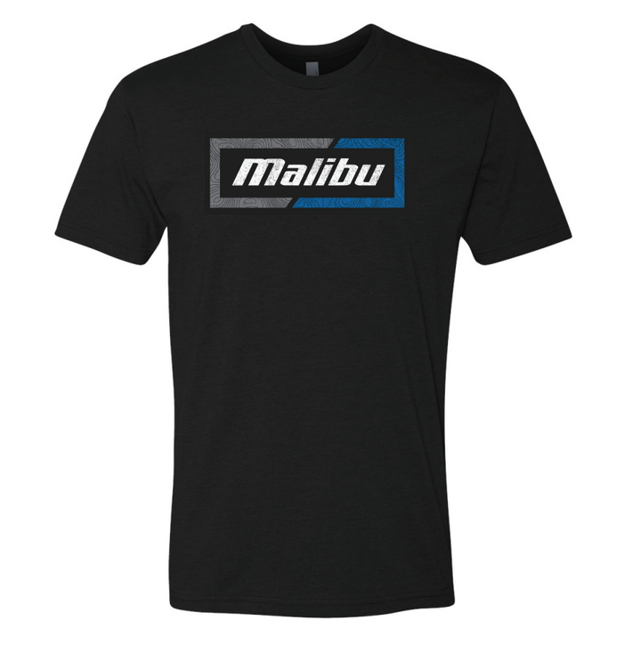 Black Malibu Topo Tee with a bold, rectangular logo featuring "Malibu" in white, set against a textured background with blue and gray accents.