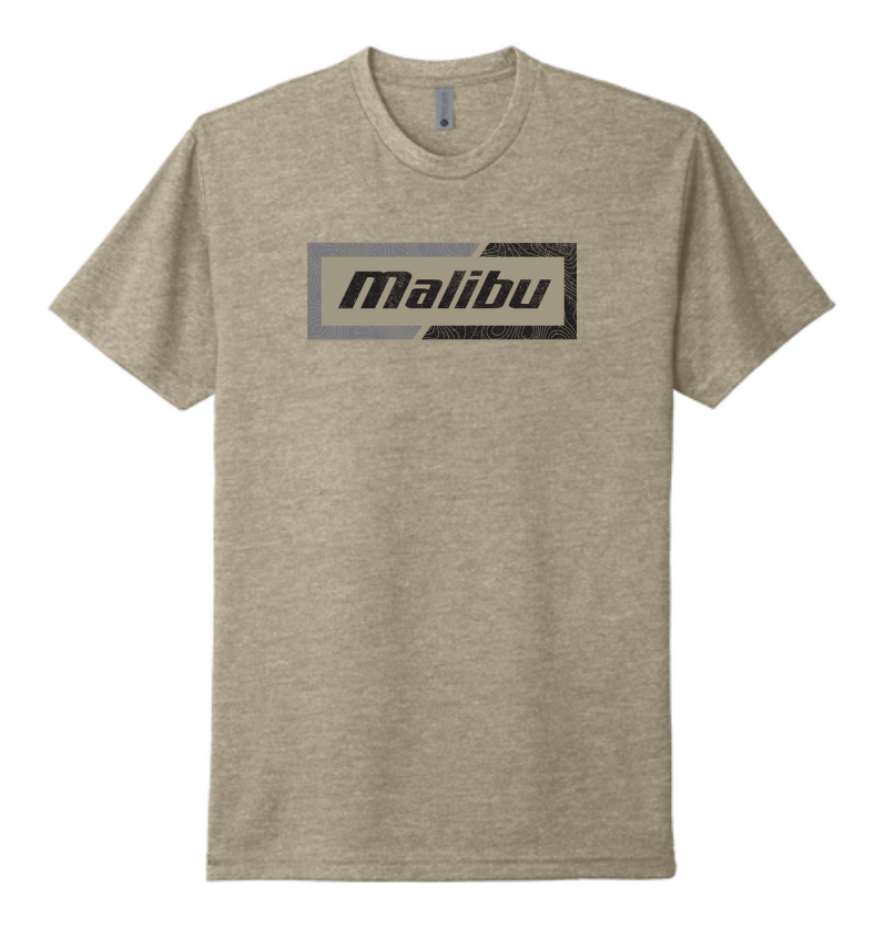 Beige Malibu Topo Tee with a bold black and gray "Malibu" logo graphic on the front, casual short-sleeve crewneck T-shirt.