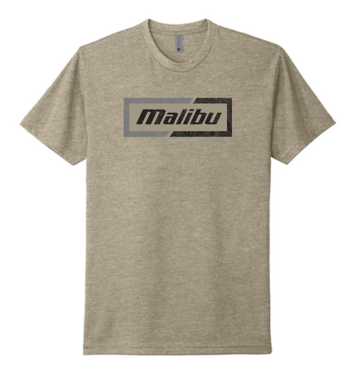 Beige Malibu Topo Tee with a bold black and gray "Malibu" logo graphic on the front, casual short-sleeve crewneck T-shirt.