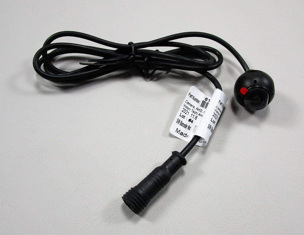 AHD docking/reverse camera with black cable and compact spherical lens for vehicle rearview monitoring.