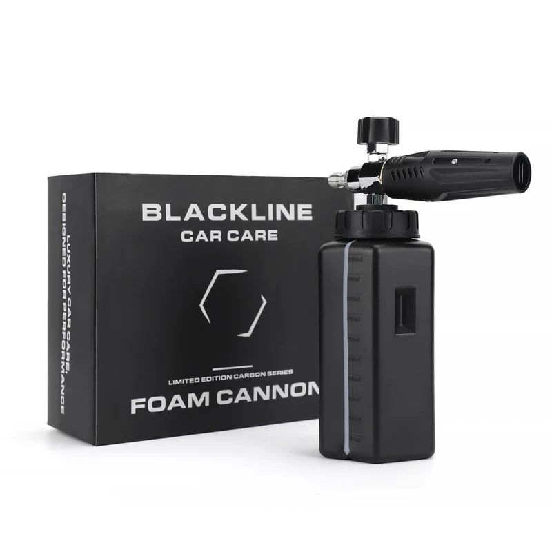 Blackline Foam Cannon 2.0 for car cleaning, featuring a black plastic bottle, adjustable nozzle, and foam dispensing system.