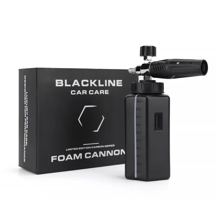 Blackline Foam Cannon 2.0 for car cleaning, featuring a black plastic bottle, adjustable nozzle, and foam dispensing system.