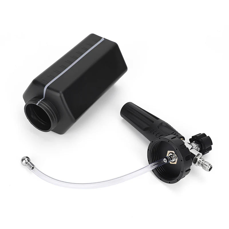 Blackline Foam Cannon 2.0 with black container, adjustable nozzle, and hose attachment for car washing and foam application.