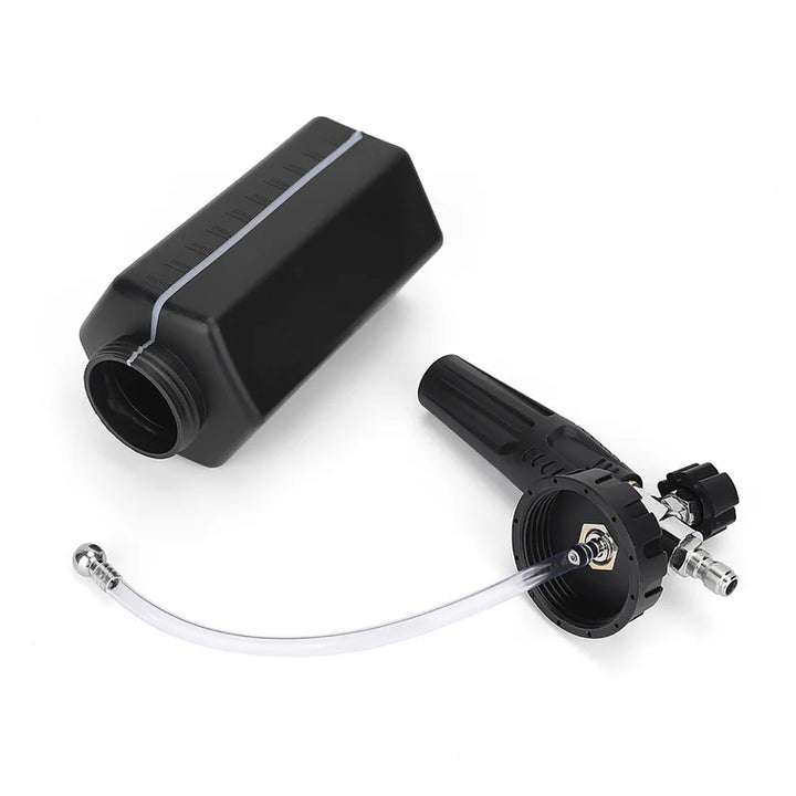 Blackline Foam Cannon 2.0 with black container, adjustable nozzle, and hose attachment for car washing and foam application.
