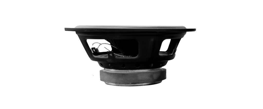 Black Icon 8 speaker cone with visible wiring, isolated on a black background.