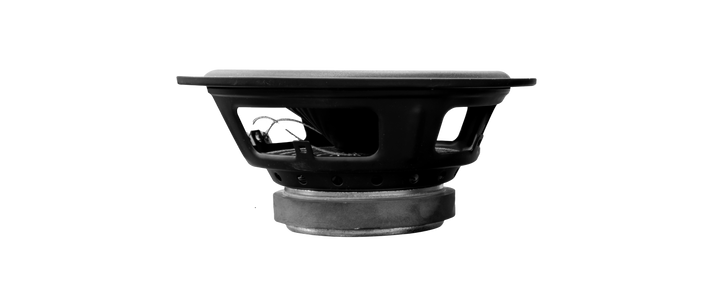Black Icon 8 speaker cone with visible wiring, isolated on a black background.
