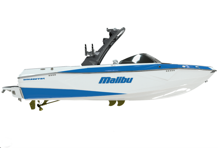 Malibu boat with a sleek design featuring the Malibu emblem prominently displayed on the side.