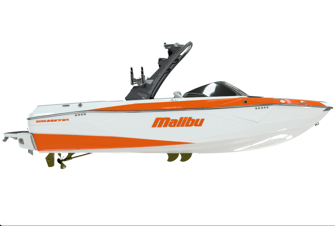 Malibu boat featuring a sleek design with an orange and white color scheme and a prominent Malibu emblem.