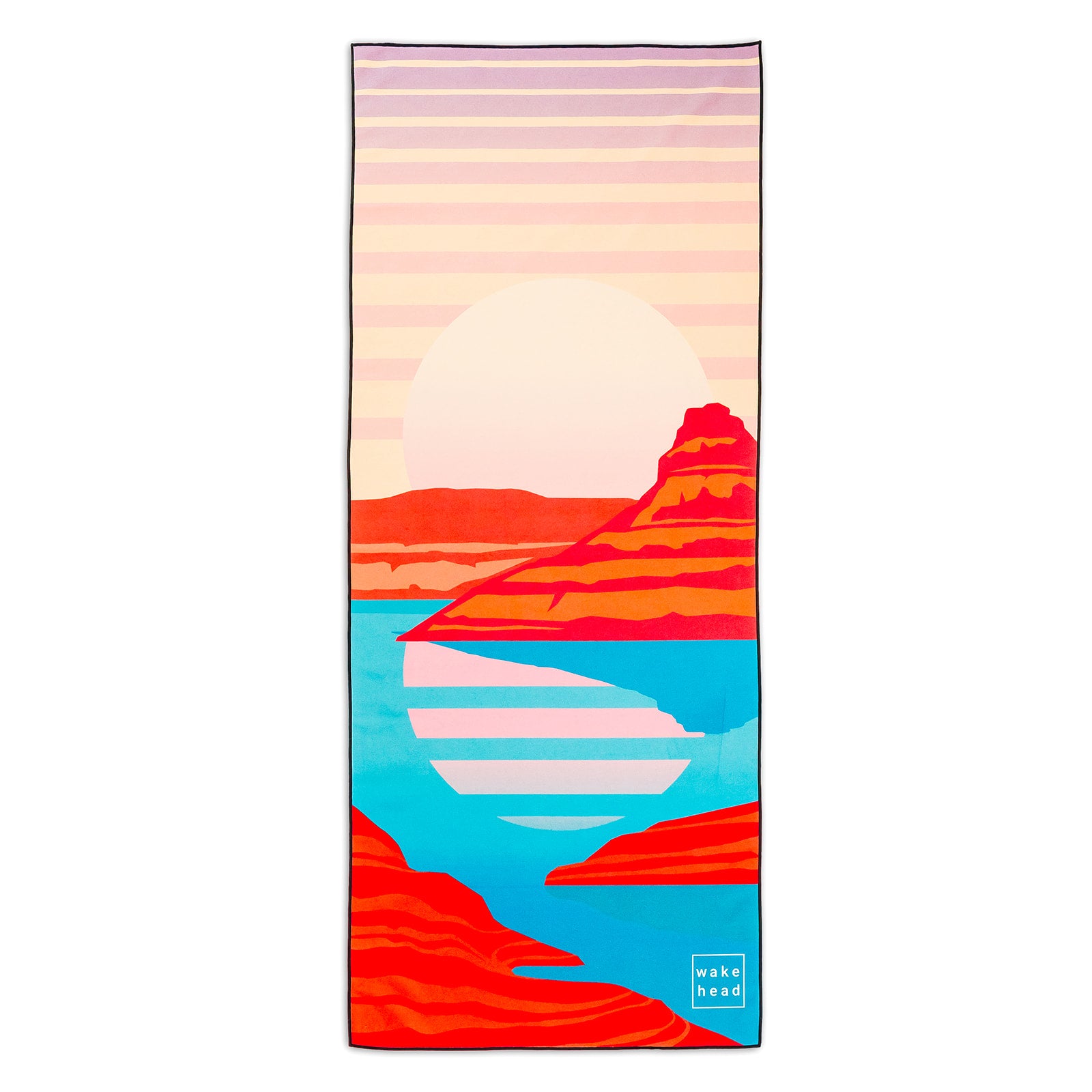 Colorful Powell Towel featuring a sunset over red rock formations, blue water, and striped sky design.