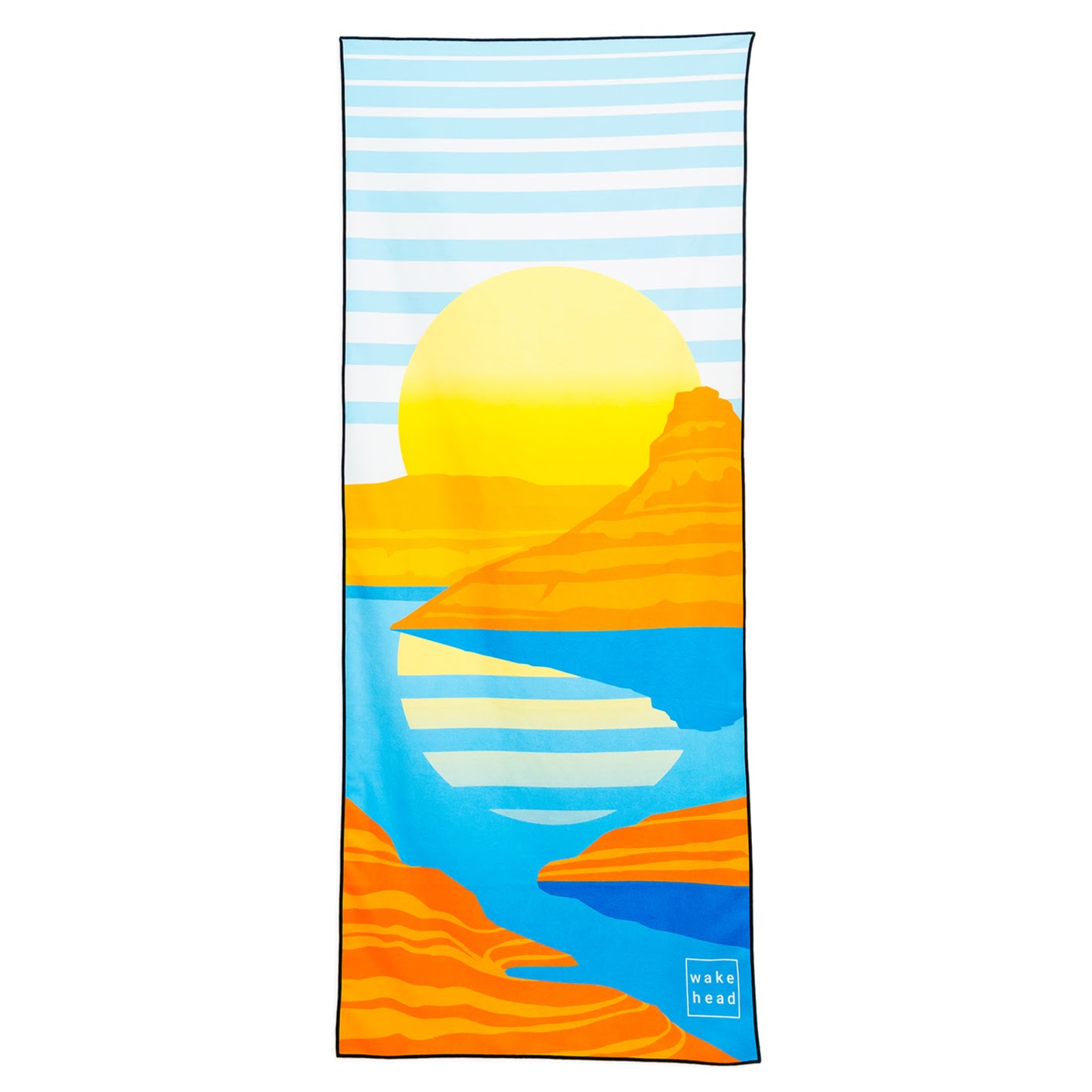 Colorful Powell Towel featuring a vibrant sunset landscape with orange cliffs, blue water, and a yellow sun.