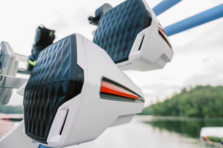REV12 Tower Speakers featuring RGB lighting, designed for enhanced sound and style on your boat. Perfect for any water adventure.
