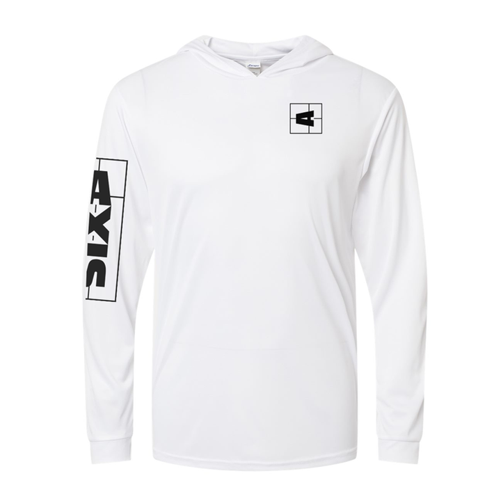 White shaded shredder sun hoodie with black AXIS logo print on the chest, sleeve, and shoulder, featuring a relaxed fit and lightweight fabric.