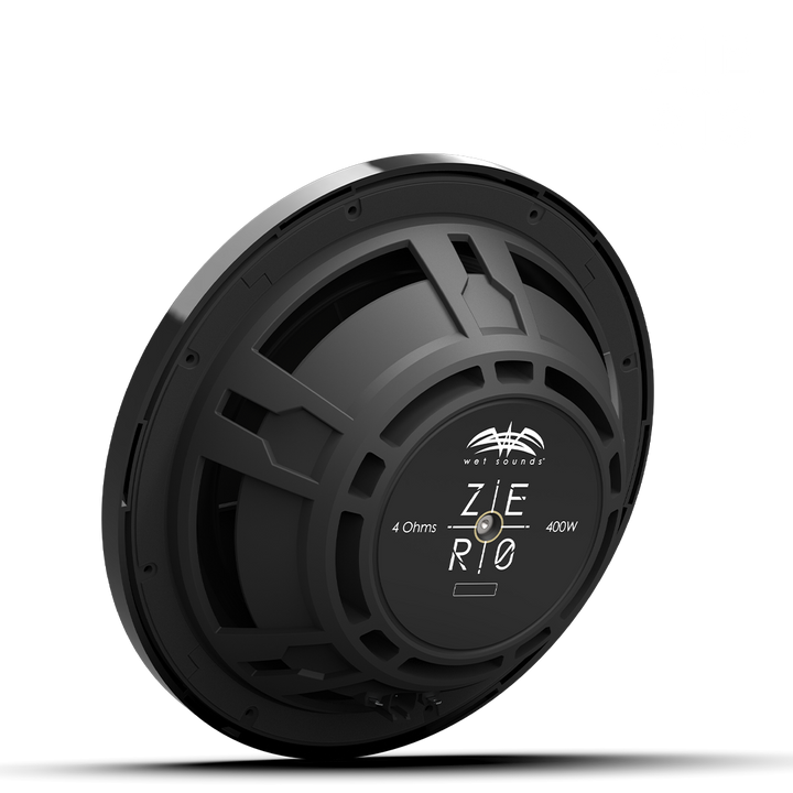 Black ZERO 12 S4 XZ-B subwoofer with a round design, labeled specifications, and a protective grille, designed for high-power sound.