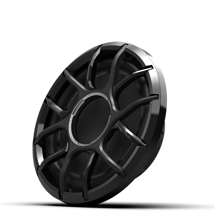 Black ZERO 12 S4 XZ-B subwoofer with a protective grille, high-performance speaker for powerful bass.