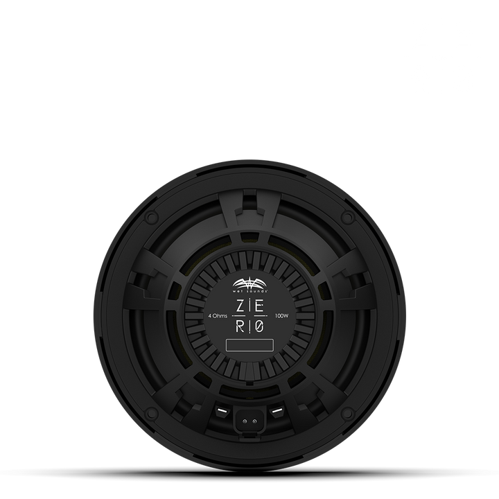 Close-up of a black Zero 6 XZ-B speaker with a digital display, showing specifications like 4 Ohms, 100W, and sleek design.