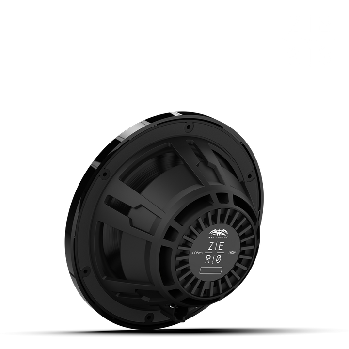 Black ZERO 8 XZ-B speaker with a circular design, detailed grille, and label indicating 4 ohms and 150W power.