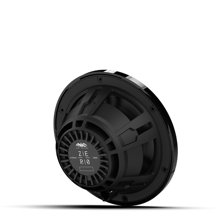 Black ZERO 8 XZ-B speaker with a circular design, visible internal components, and a central label displaying specifications.