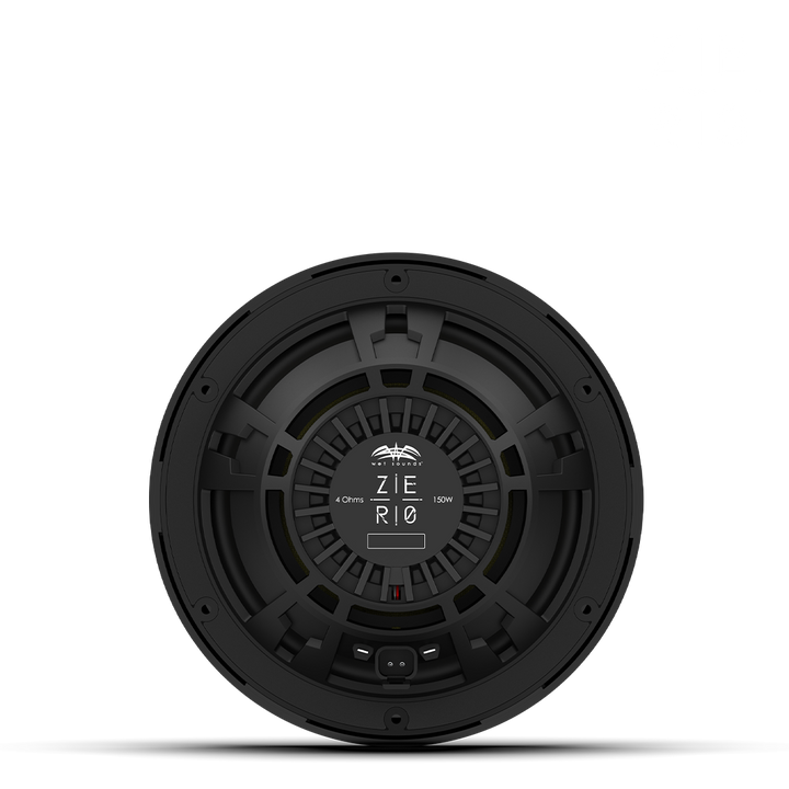 Close-up of the ZERO 8 XZ-B speaker driver showing its black circular design, central label, and mounting details.