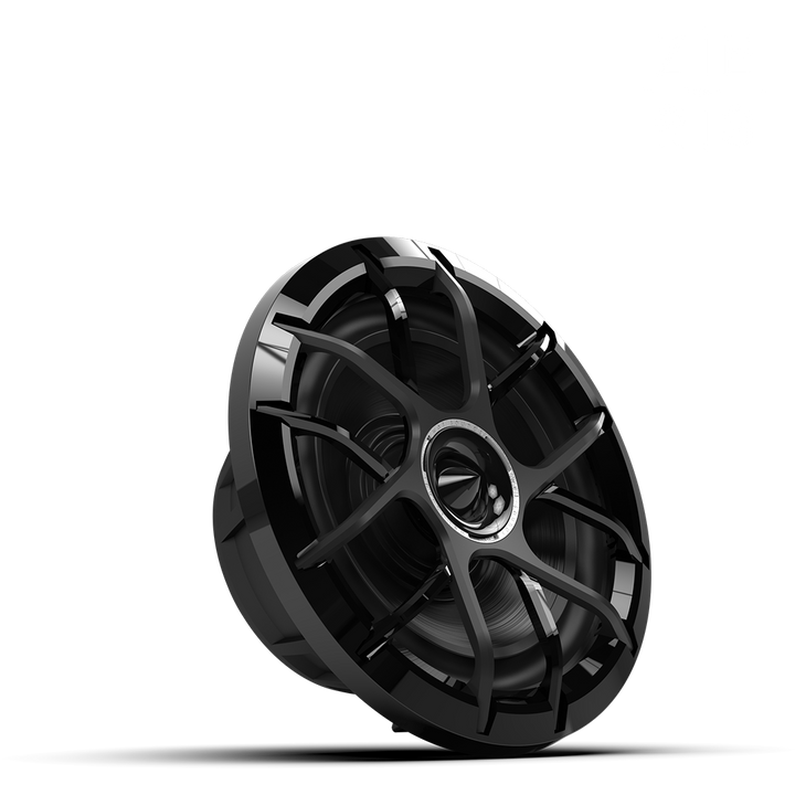 Black and silver ZERO 8 XZ-B speaker with a protective grille, angled view showcasing its modern, sleek design.